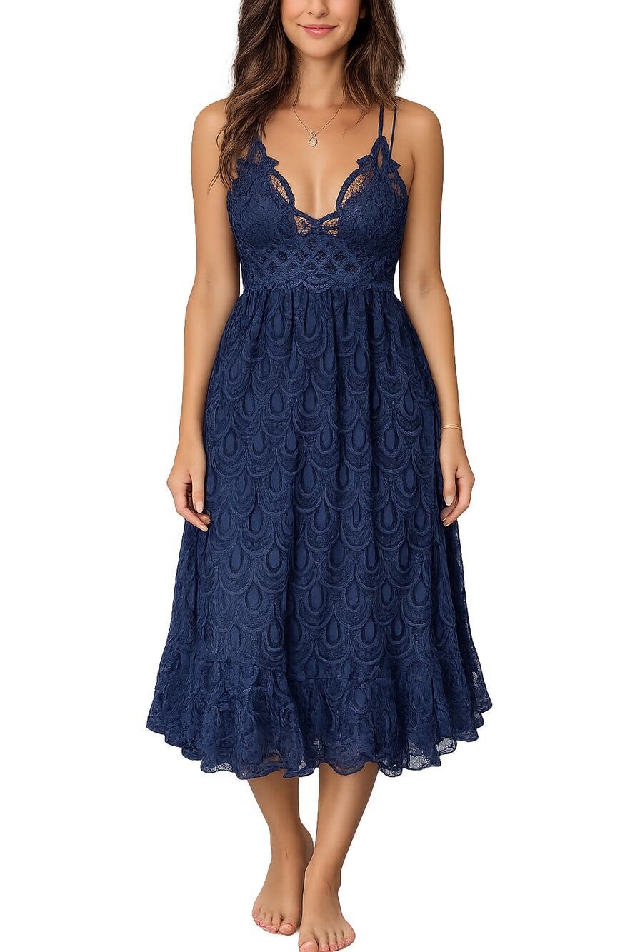 Free People FP One Adella Navy Lace Crochet Asymmetrical Slip Dress XS
